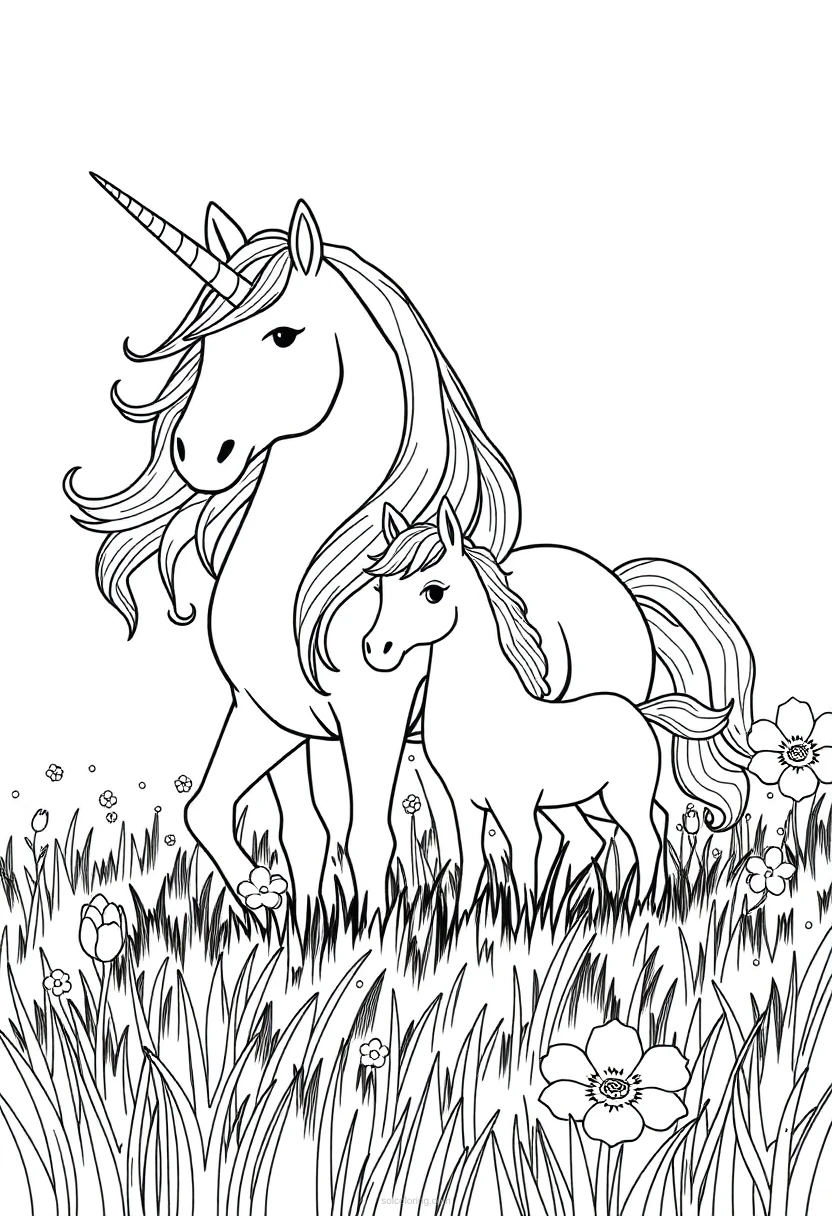 Unicorn Family in Meadow coloring page for kids