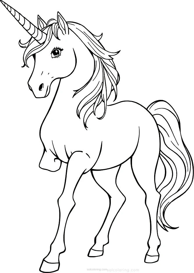 Chibi unicorn fantasy horse coloring page with flowing mane, horn, and cute expression - free printable with bold outlines