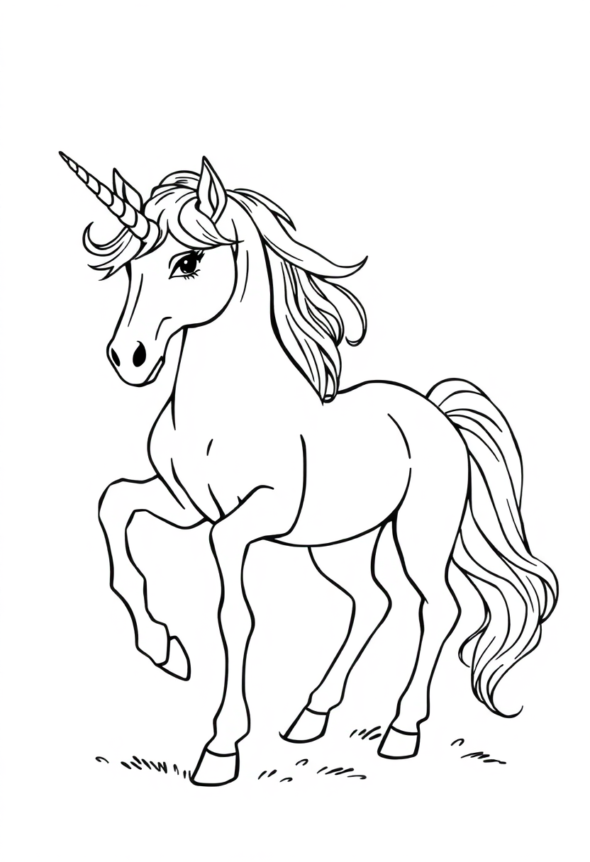 Detailed unicorn coloring page with flowing mane, decorative elements and bold outlines for printing
