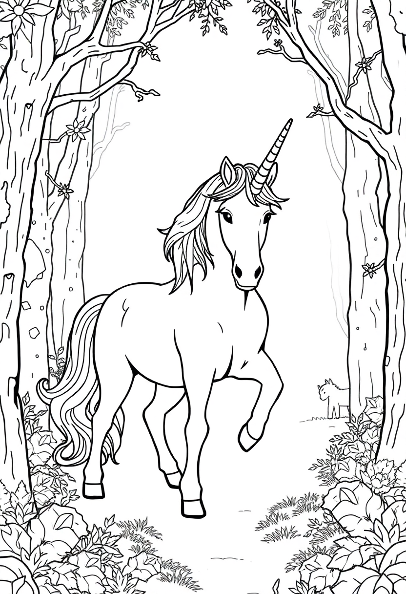 Unicorn In Enchanted Forest coloring page