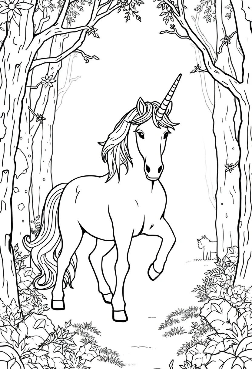 Unicorn in Enchanted Forest coloring page for kids
