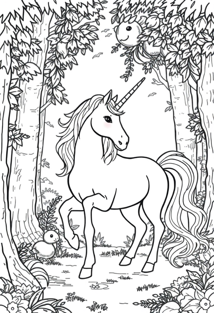 Unicorn in Enchanted Forest coloring page, free printable