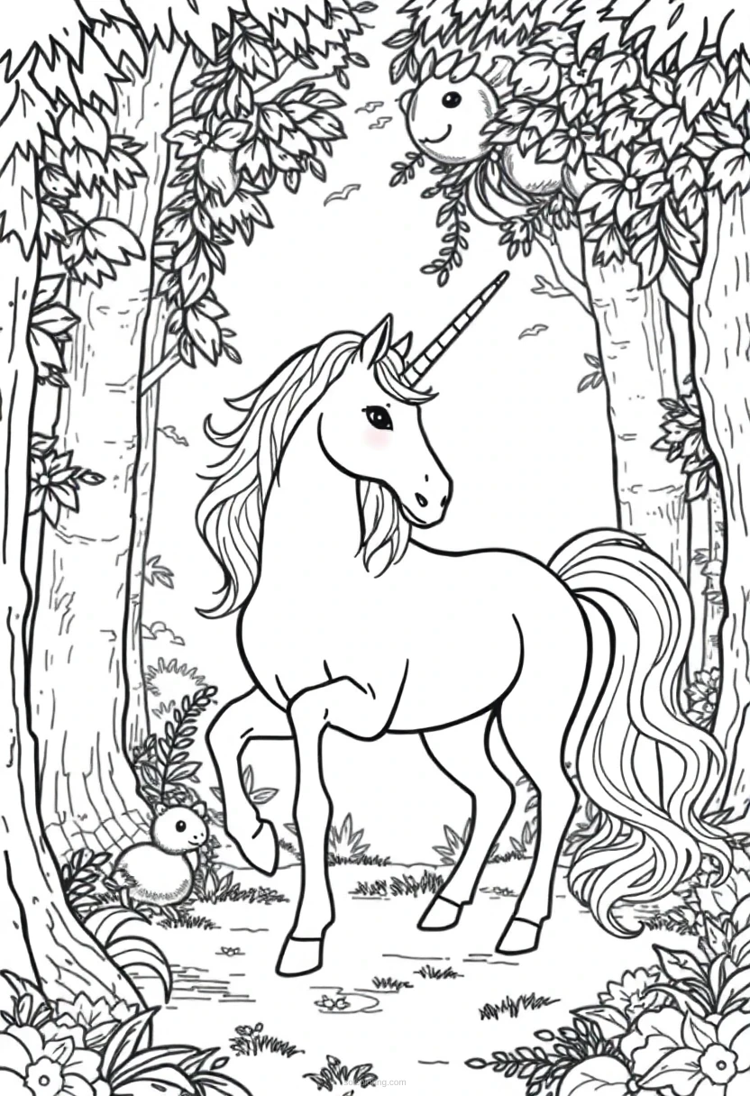 Unicorn in enchanted forest coloring page with magical trees, flowers and bold outlines for kids