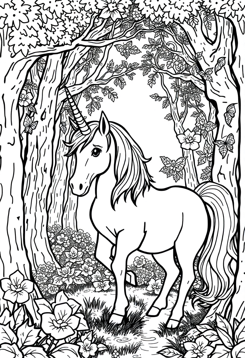 Unicorn in Enchanted Forest coloring page, free printable