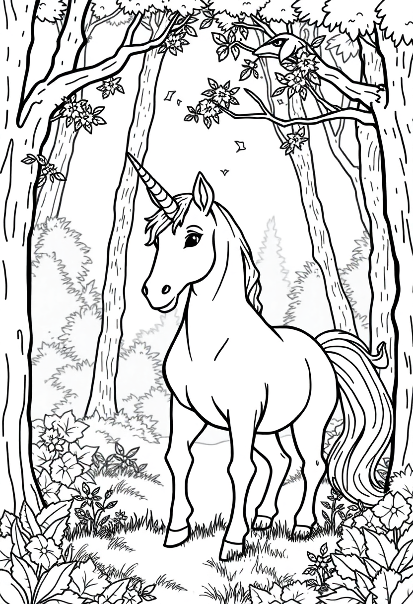 Unicorn in Enchanted Forest coloring page, free printable