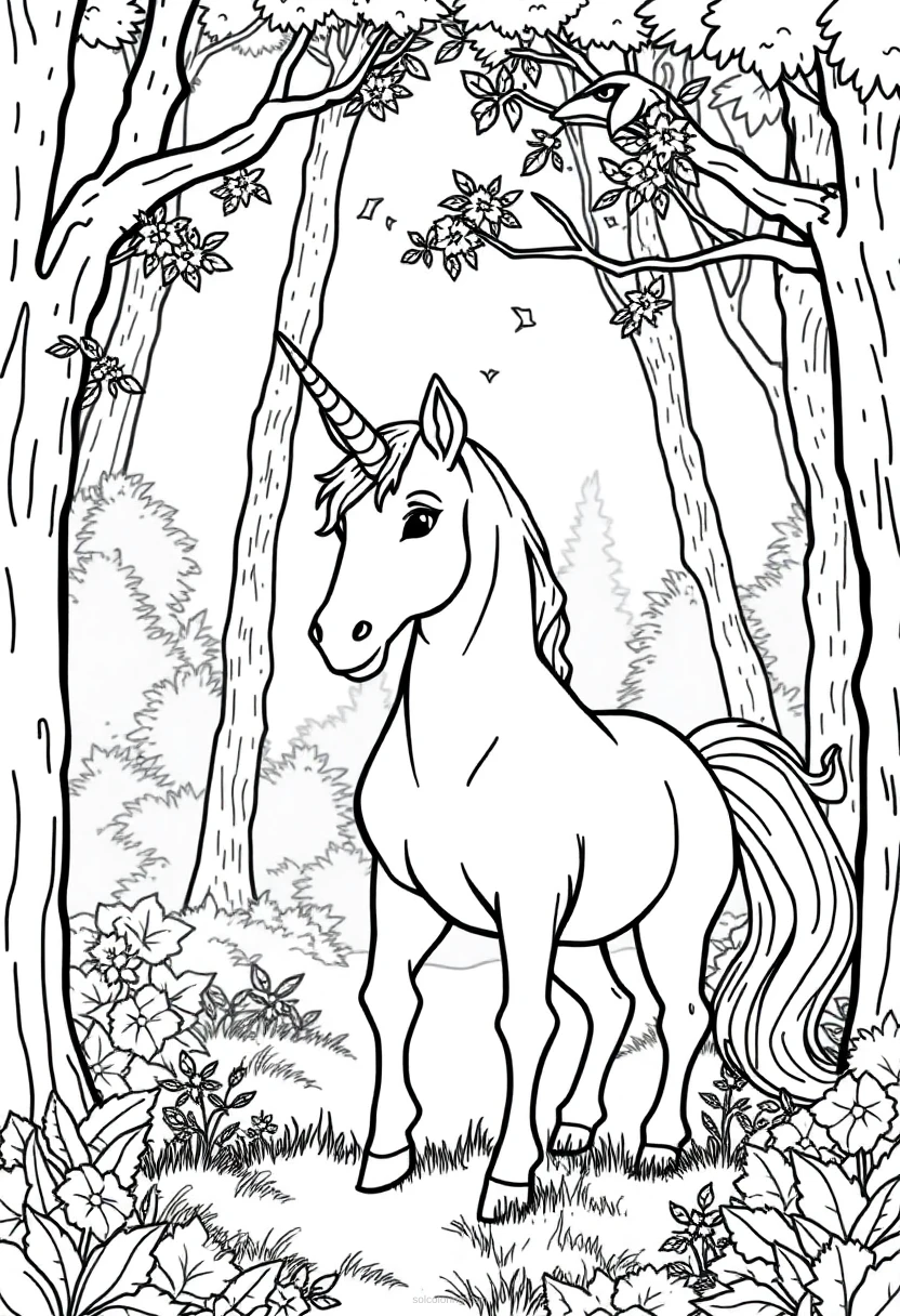 Unicorn in Enchanted Forest coloring page for kids