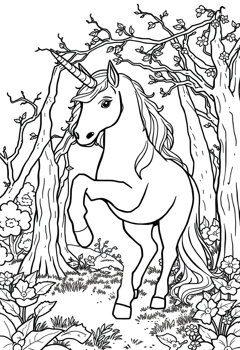 Unicorn In Enchanted Forest coloring pages