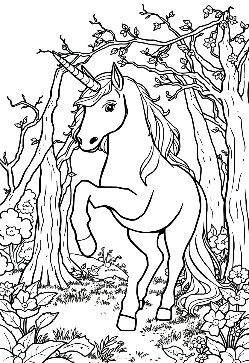 Unicorn In Enchanted Forest coloring pages