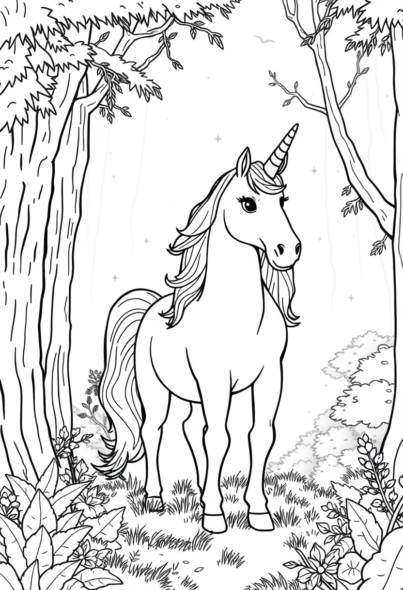 Unicorn in Enchanted Forest coloring page, free printable