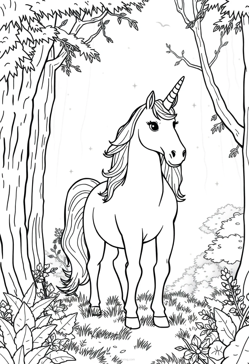 Unicorn in Enchanted Forest coloring page for kids