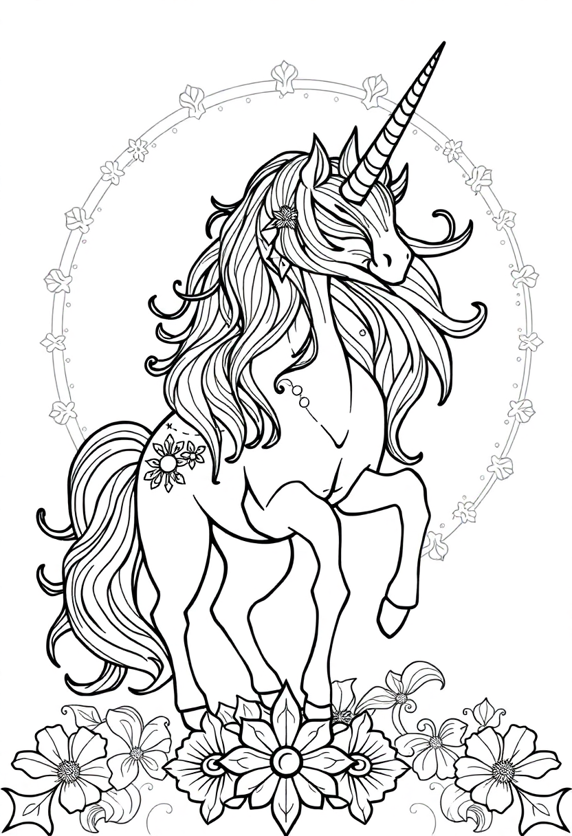 Cute cartoon chibi unicorn mandala coloring page with intricate patterns and bold outlines for kids and adults to color