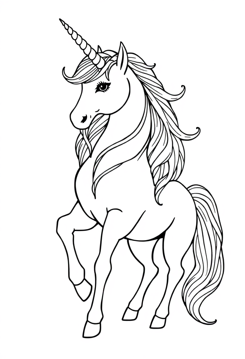 Detailed unicorn mandala coloring page with geometric patterns, swirls, and bold outlines featuring magical fantasy design
