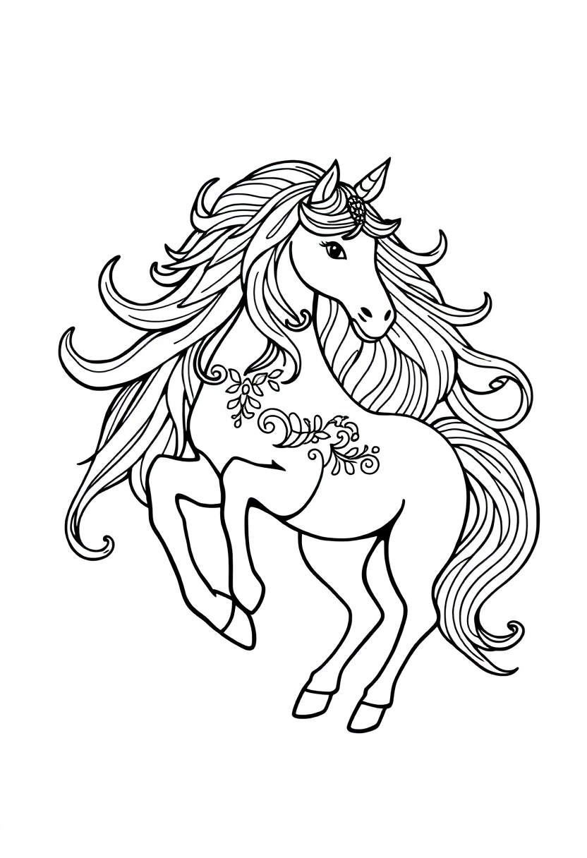 Detailed unicorn mandala coloring page featuring a unicorn head with flowing mane surrounded by intricate geometric patterns