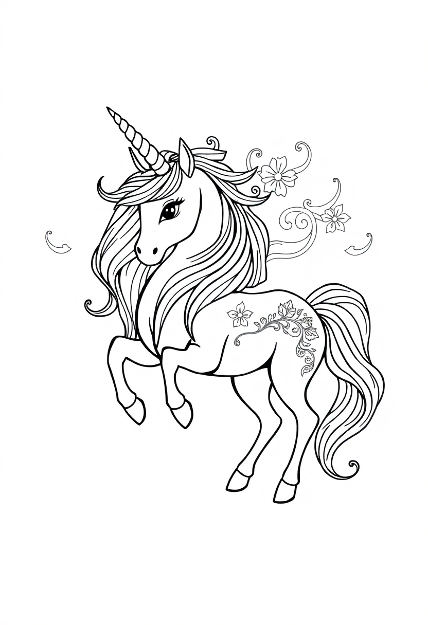 Unicorn mandala coloring page featuring cute cartoon unicorn with intricate circular patterns and fantasy decorative elements