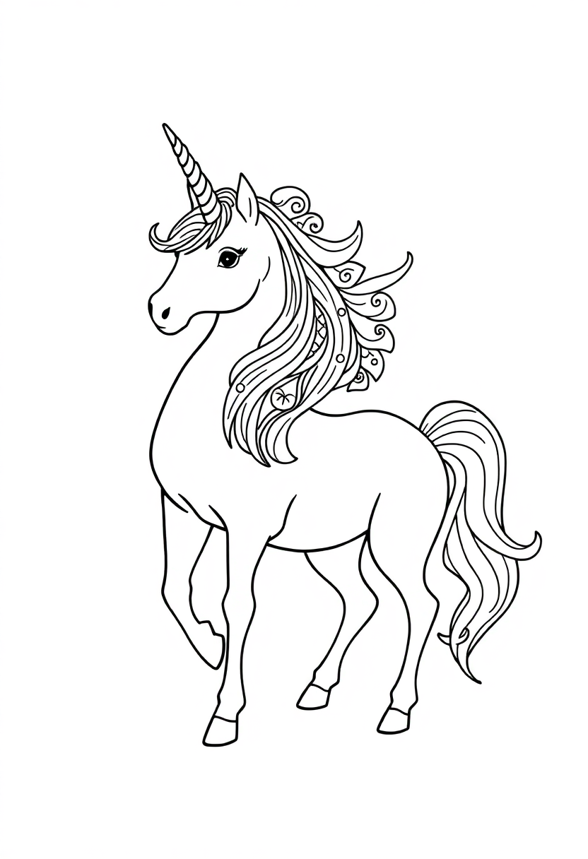 Detailed unicorn mandala coloring page with intricate patterns, bold outlines, and magical fantasy elements for printing