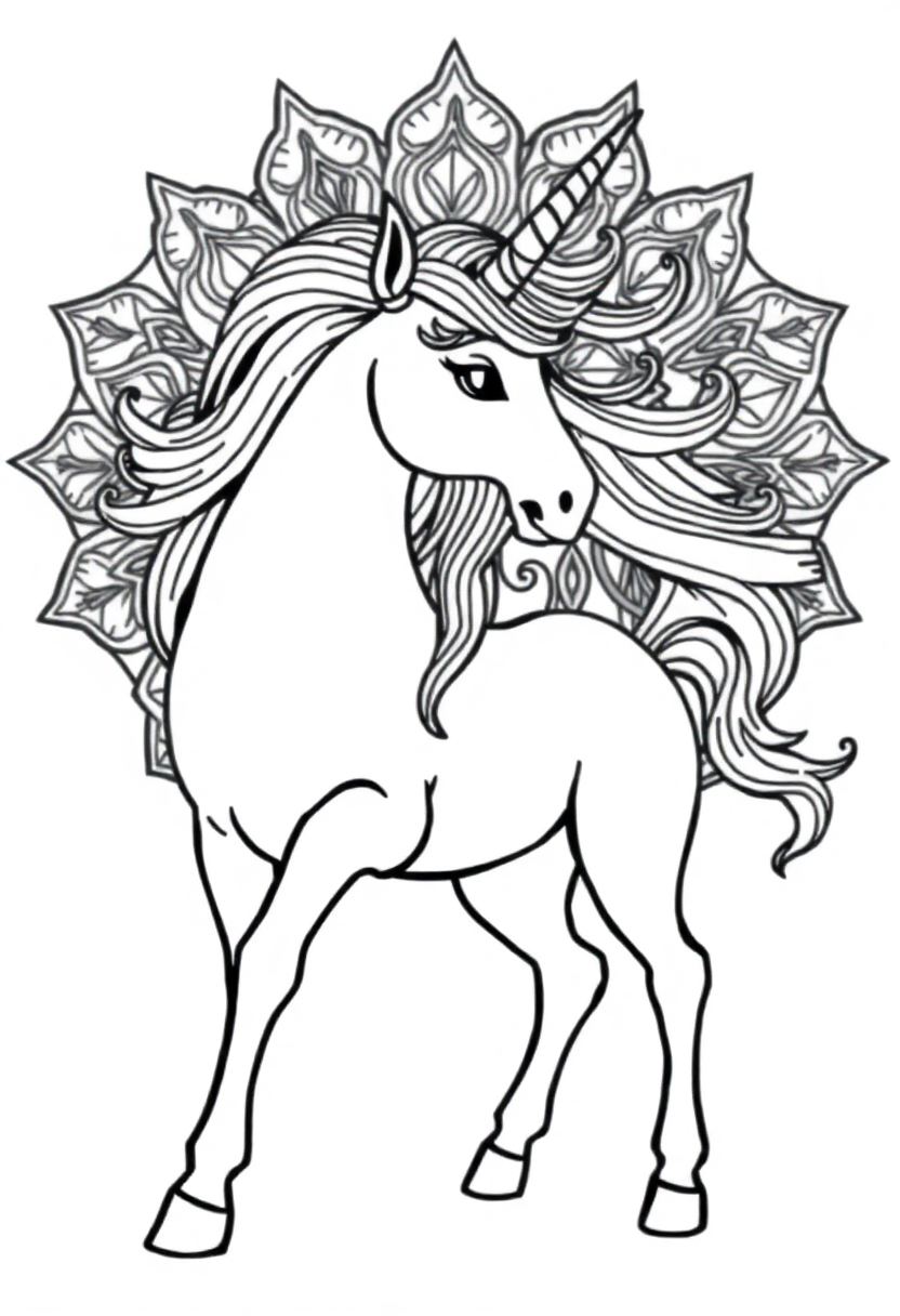 Simple unicorn mandala coloring page with cute chibi unicorn in center surrounded by geometric mandala patterns