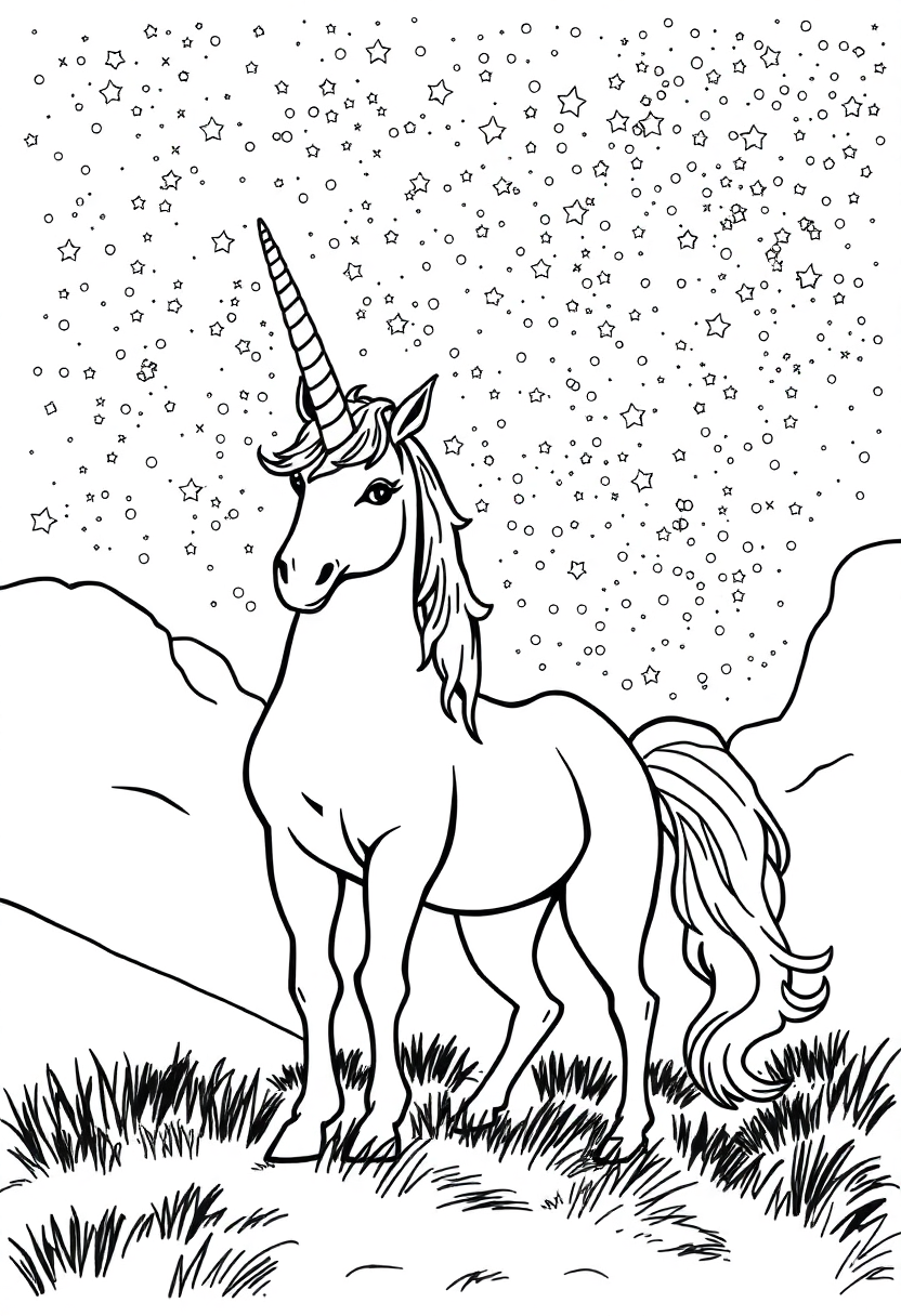 Unicorn Under Starry Night Sky coloring page