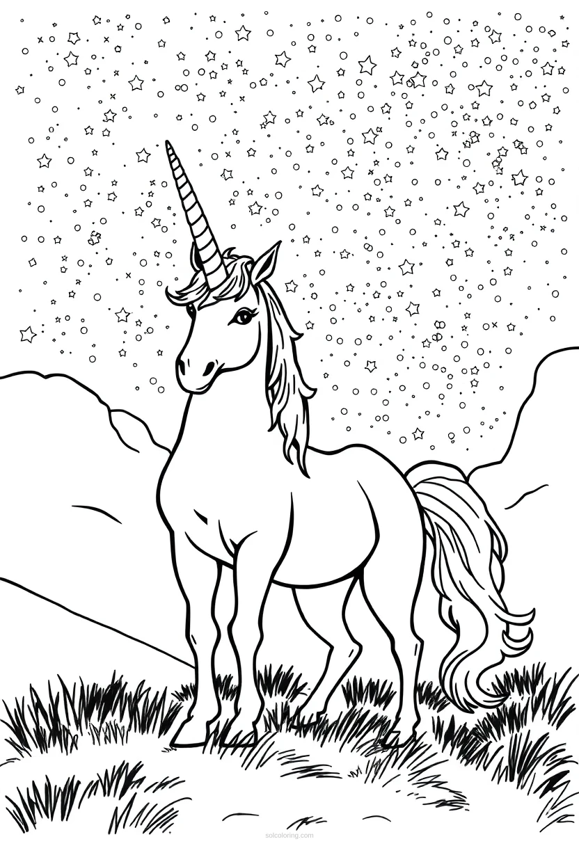 Unicorn Under Starry Night Sky coloring page for kids