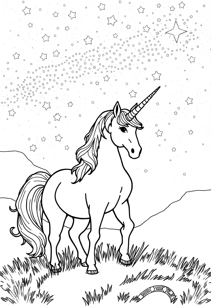 Unicorn Under Starry Night Sky coloring page, free printable
