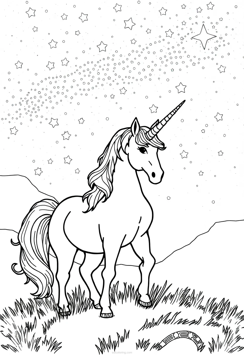 Unicorn Under Starry Night Sky coloring page for kids