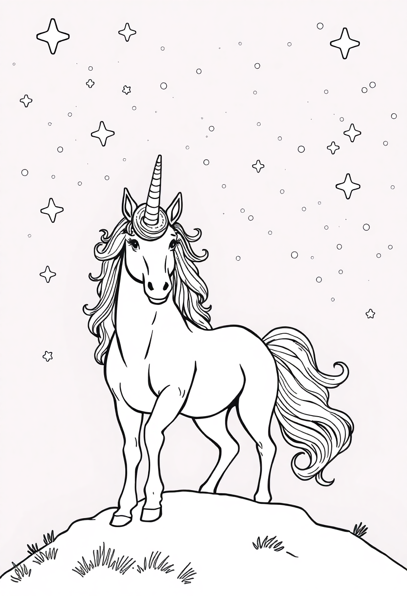 Unicorn Under Starry Night Sky coloring page, free printable