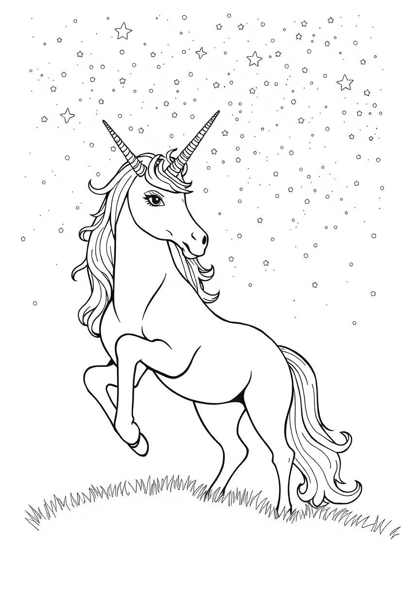 Unicorn Under Starry Night Sky coloring page, free printable