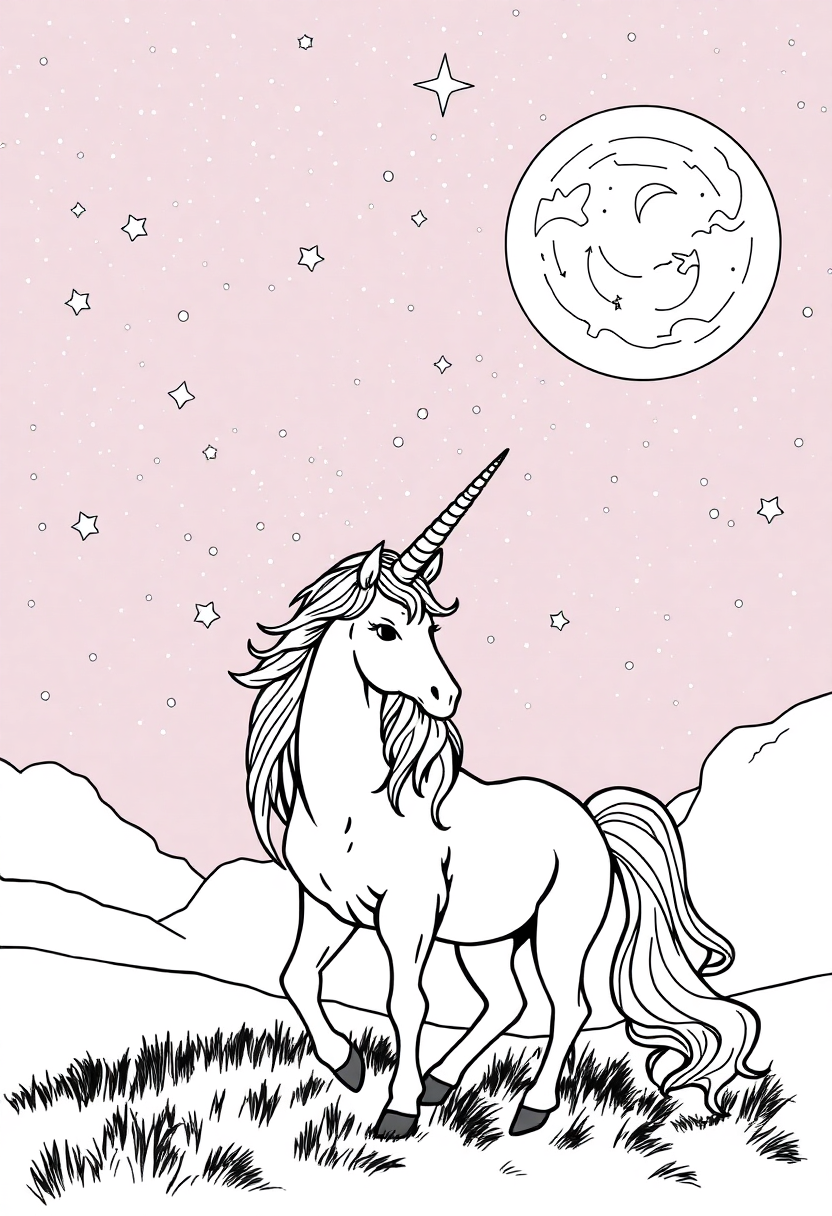 Unicorn Under Starry Night Sky coloring pages