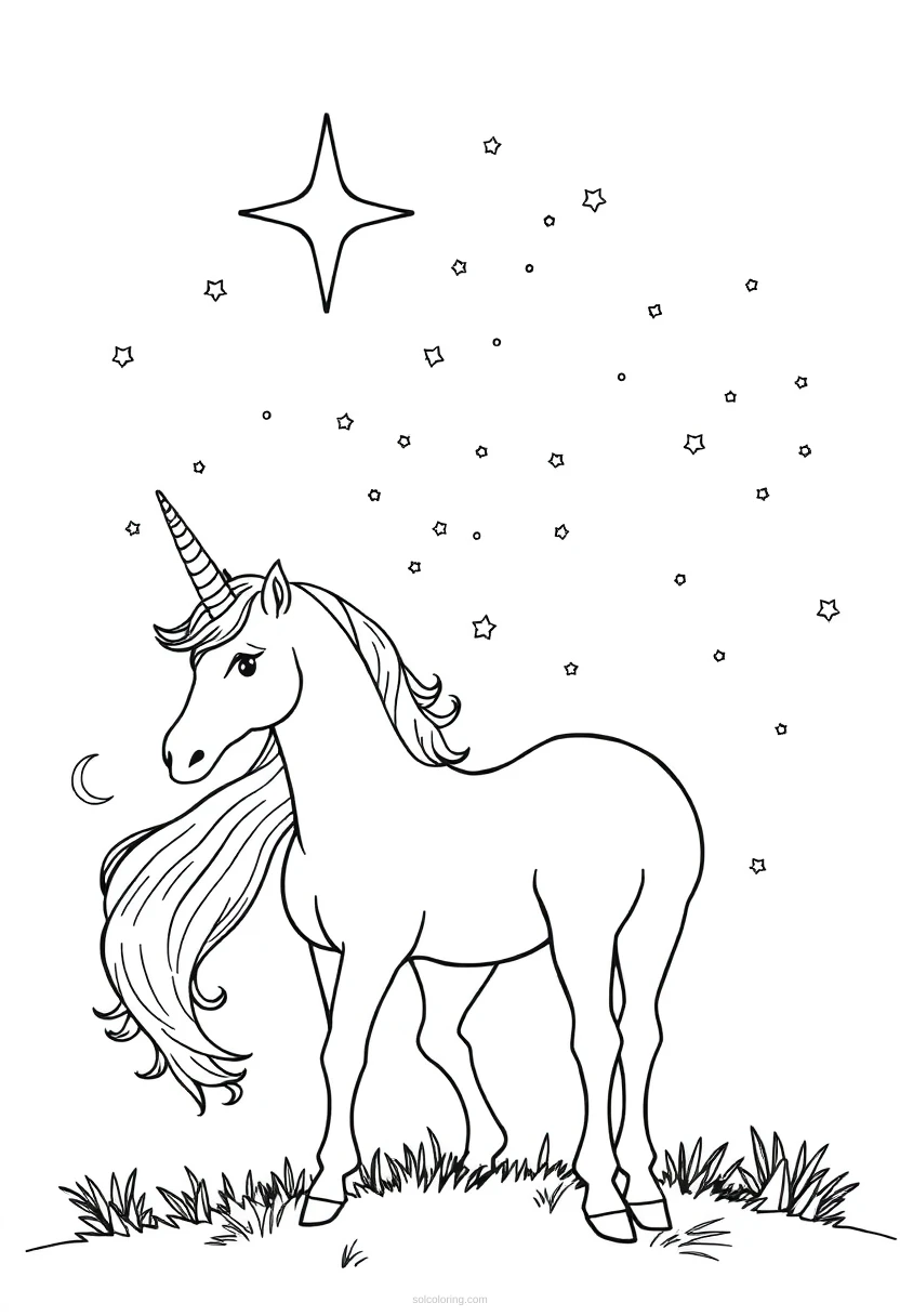 Unicorn Under Starry Night Sky coloring pages
