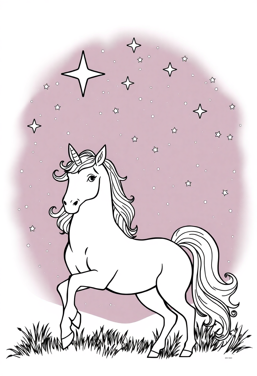 Unicorn Under Starry Night Sky coloring page, free printable