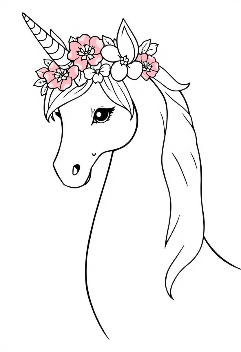 Unicorn with Flower Crown coloring page, free printable