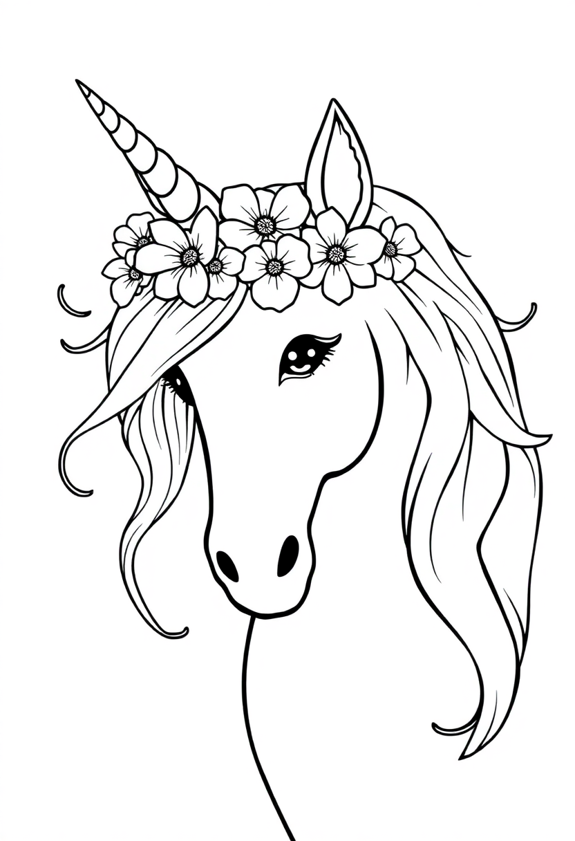 Unicorn with Flower Crown coloring page, free printable