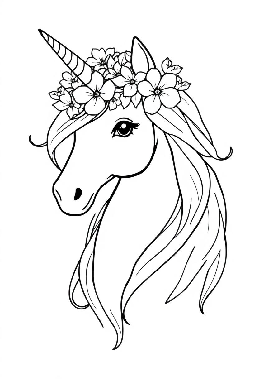 Unicorn with Flower Crown coloring page, free printable