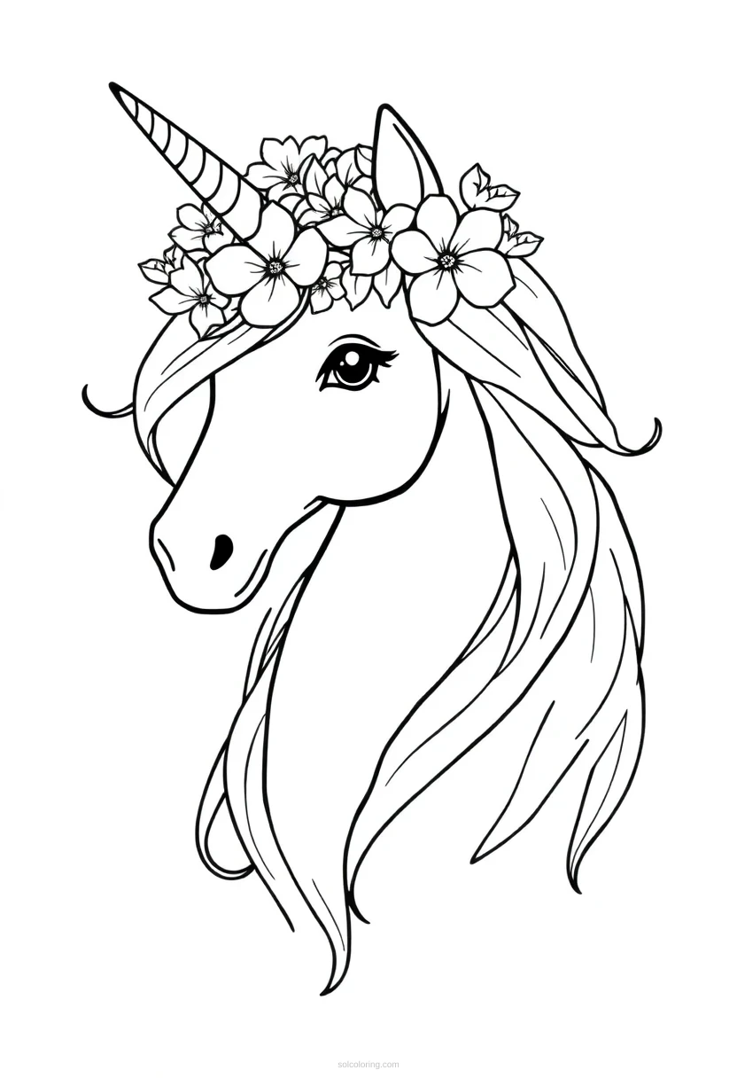 Unicorn with Flower Crown coloring page for kids