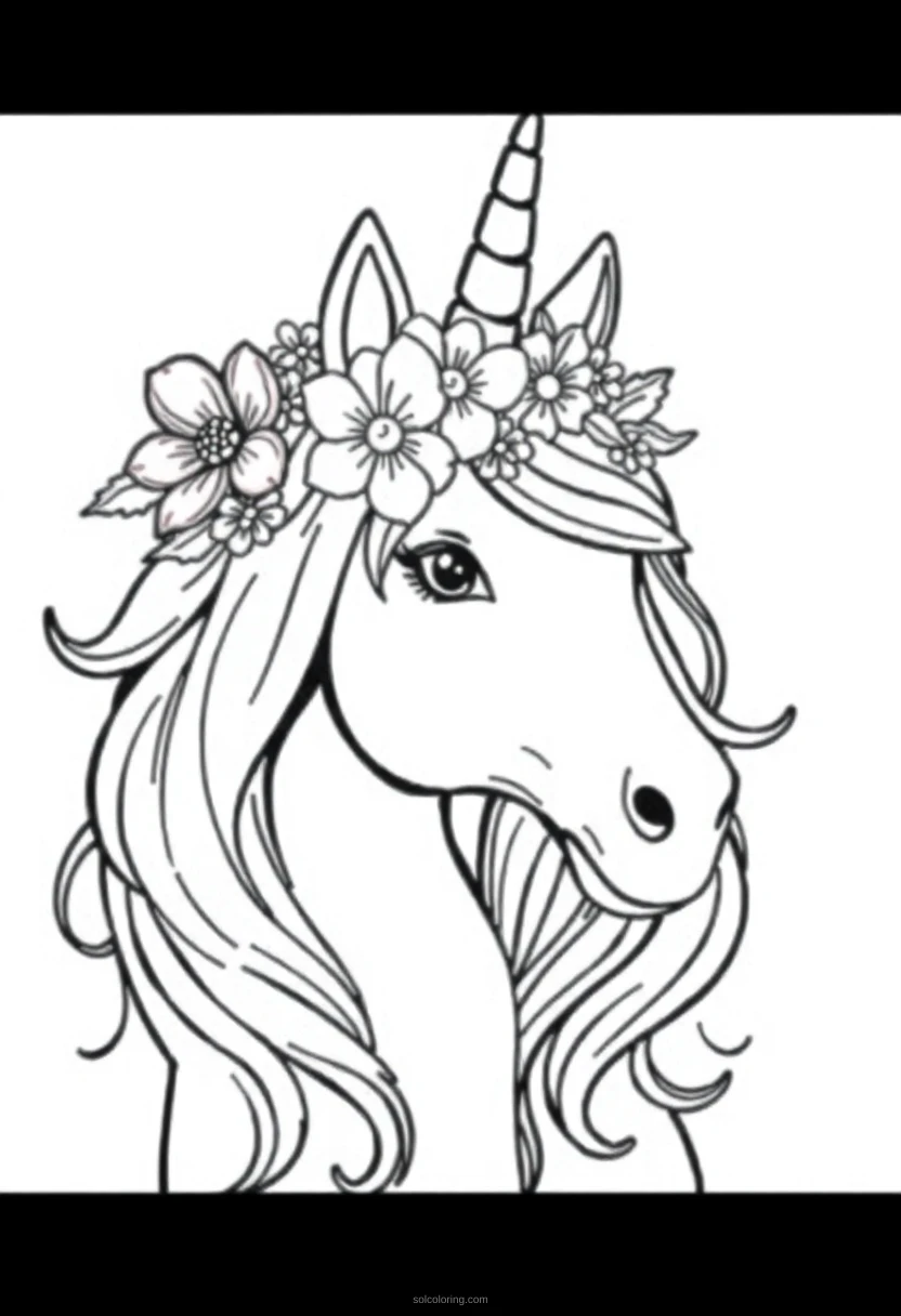 Unicorn with Flower Crown coloring page for kids