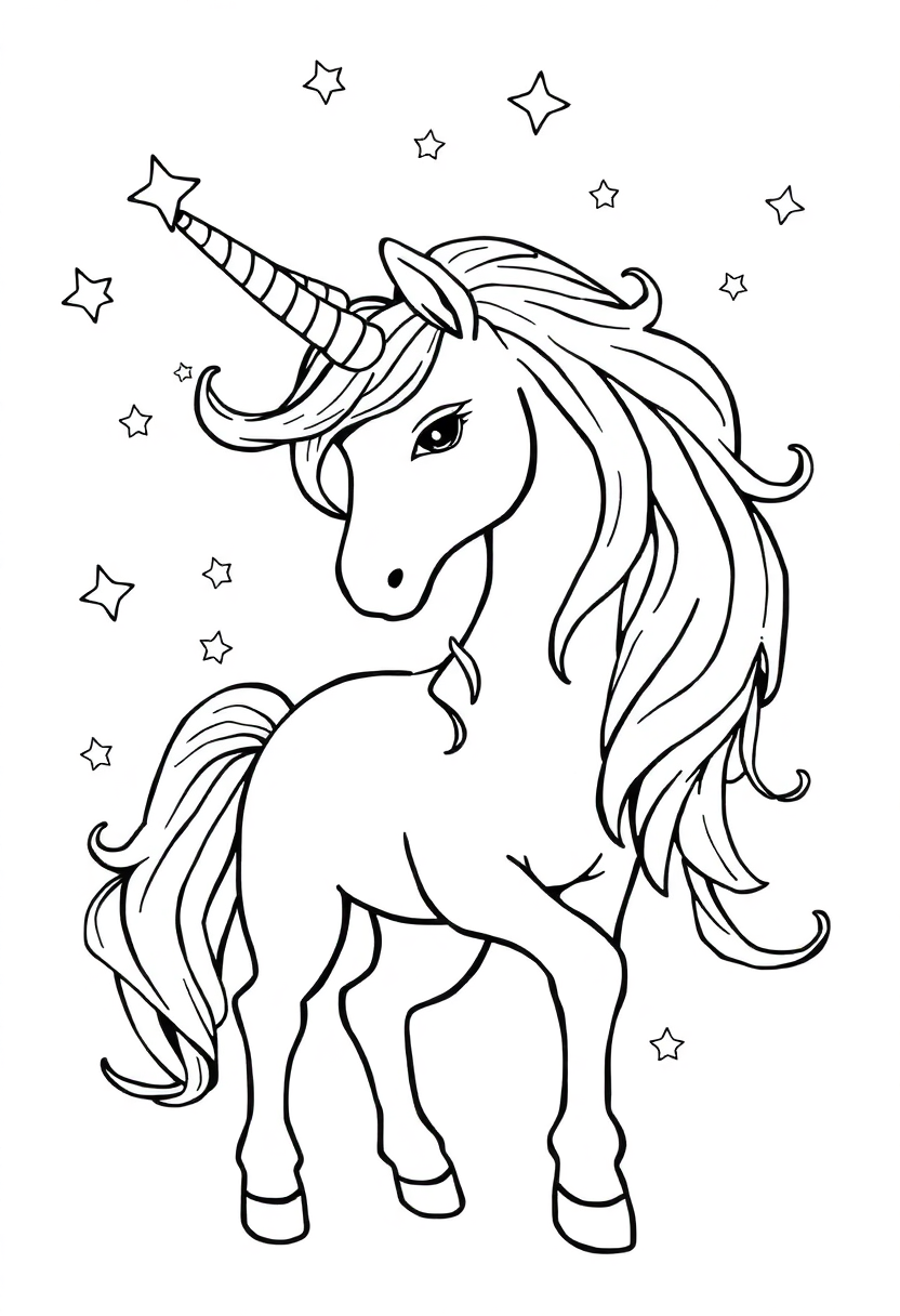 Unicorn With Flowing Mane And Stars coloring page