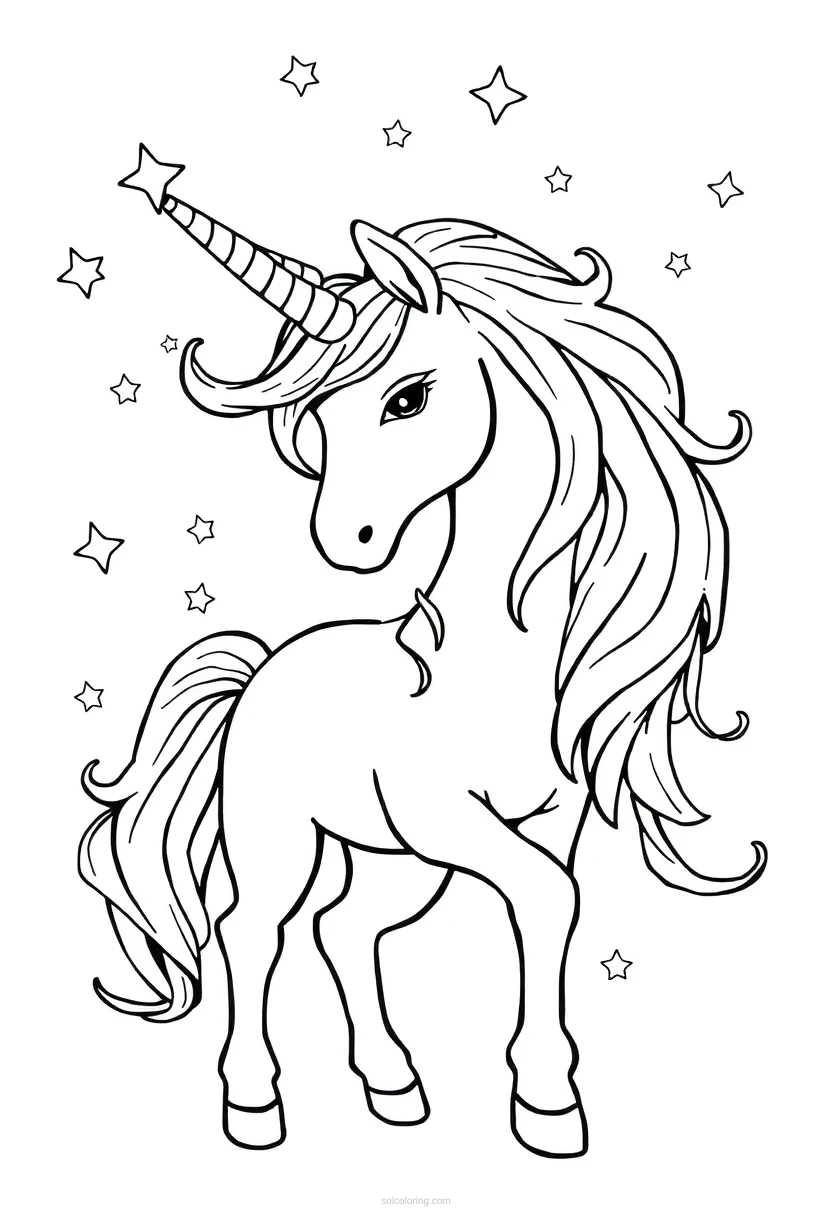 Unicorn with Flowing Mane and Stars coloring page for kids