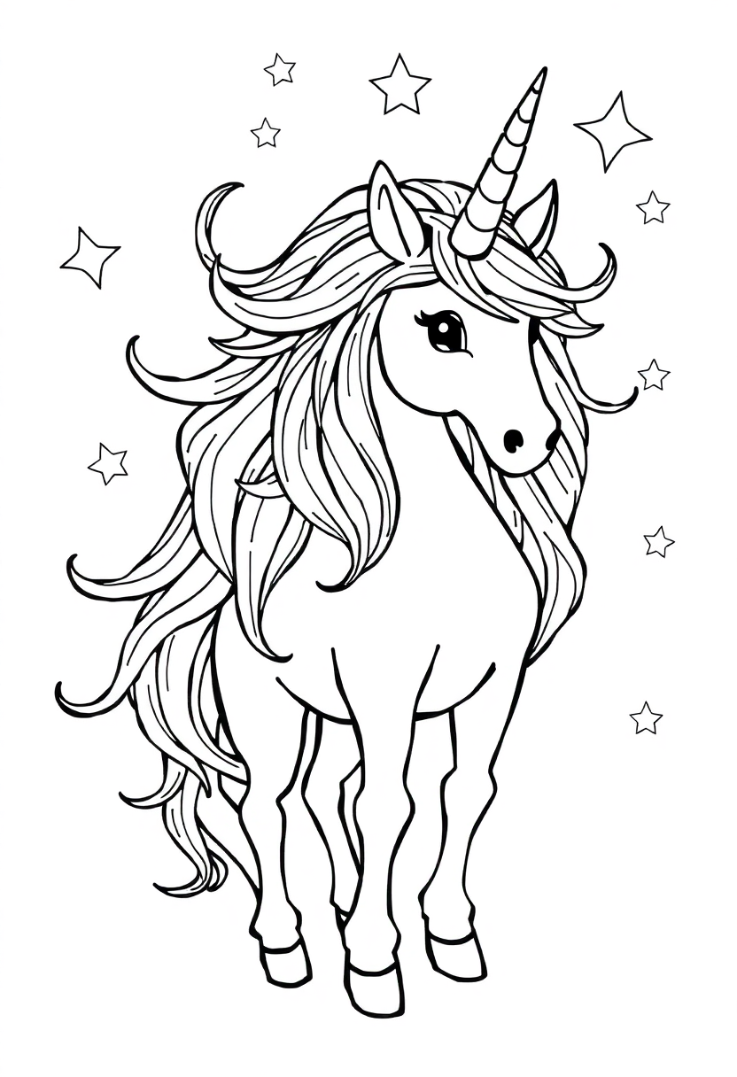 Unicorn with Flowing Mane and Stars coloring page, free printable