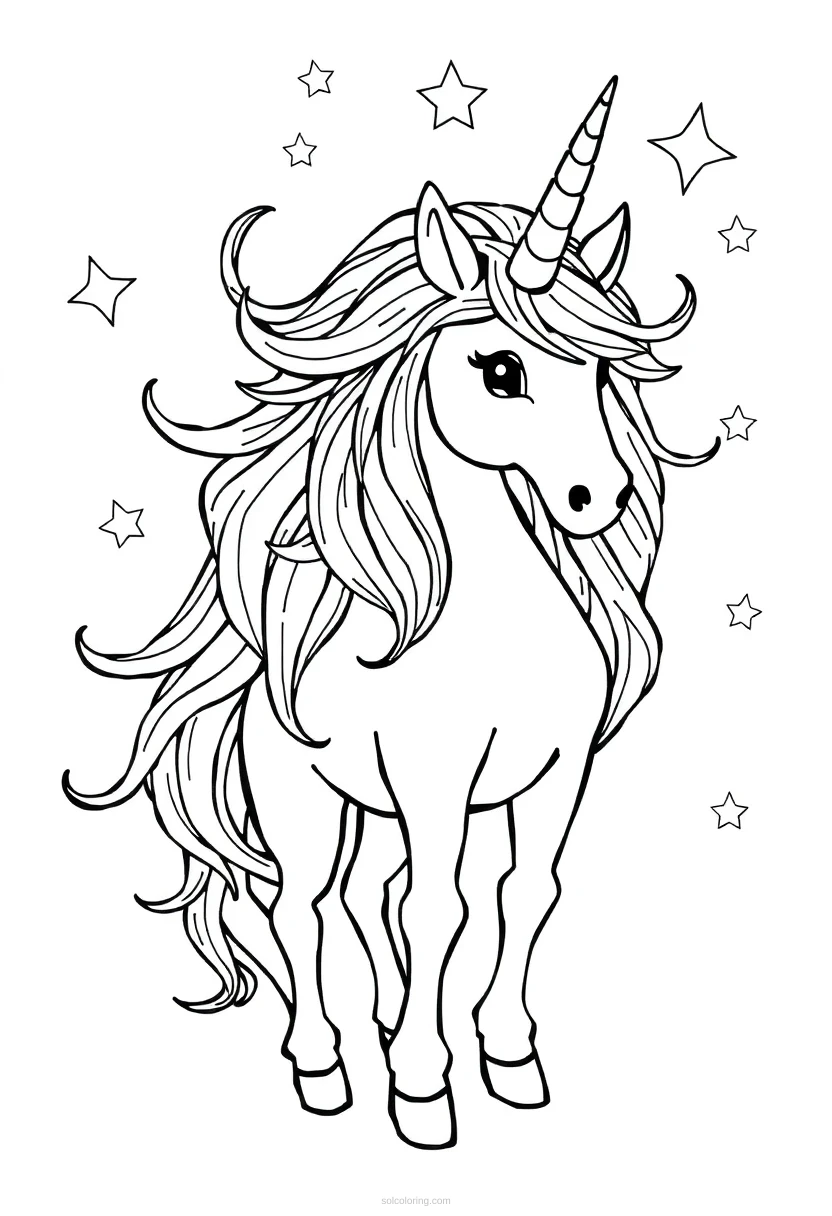 Free printable unicorn coloring page with flowing mane and stars, featuring bold outlines perfect for kids