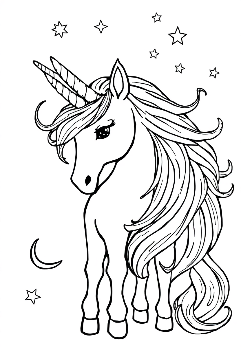 Unicorn with Flowing Mane and Stars coloring page, free printable