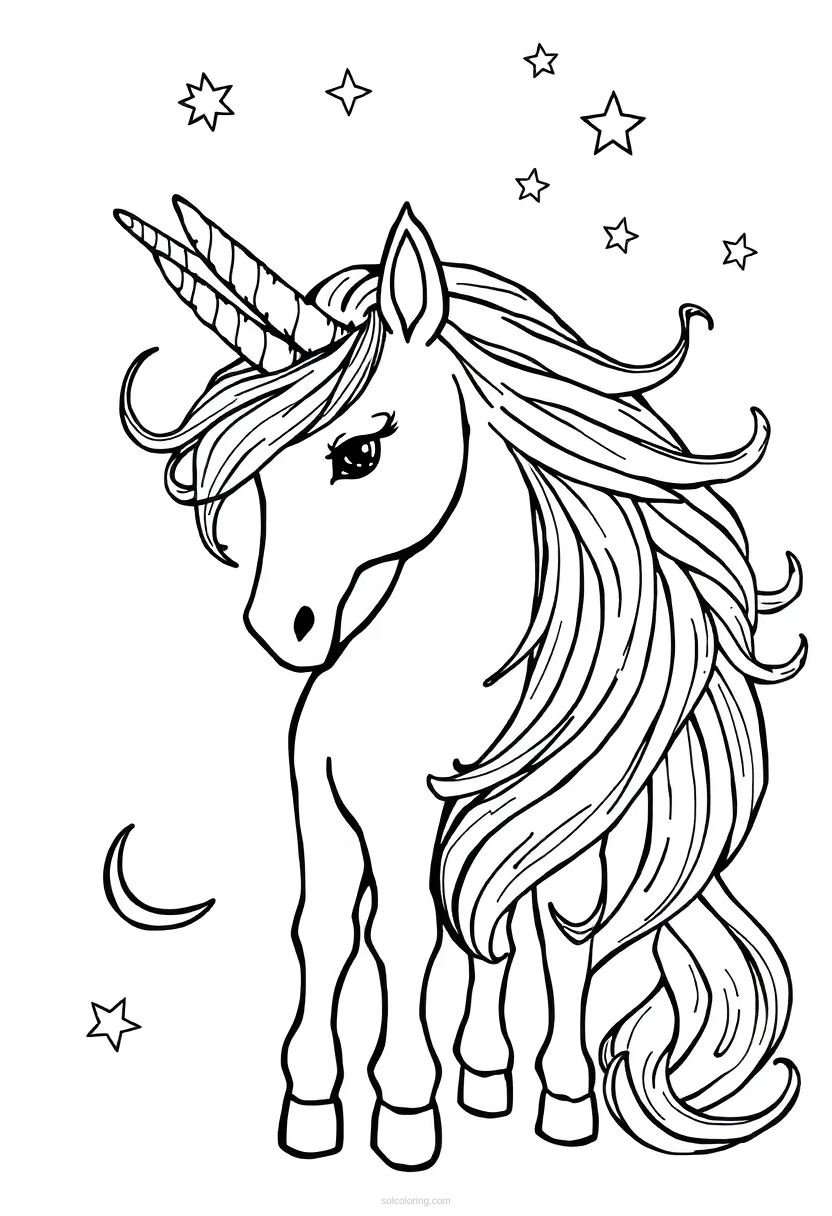 Unicorn with Flowing Mane and Stars coloring page for kids