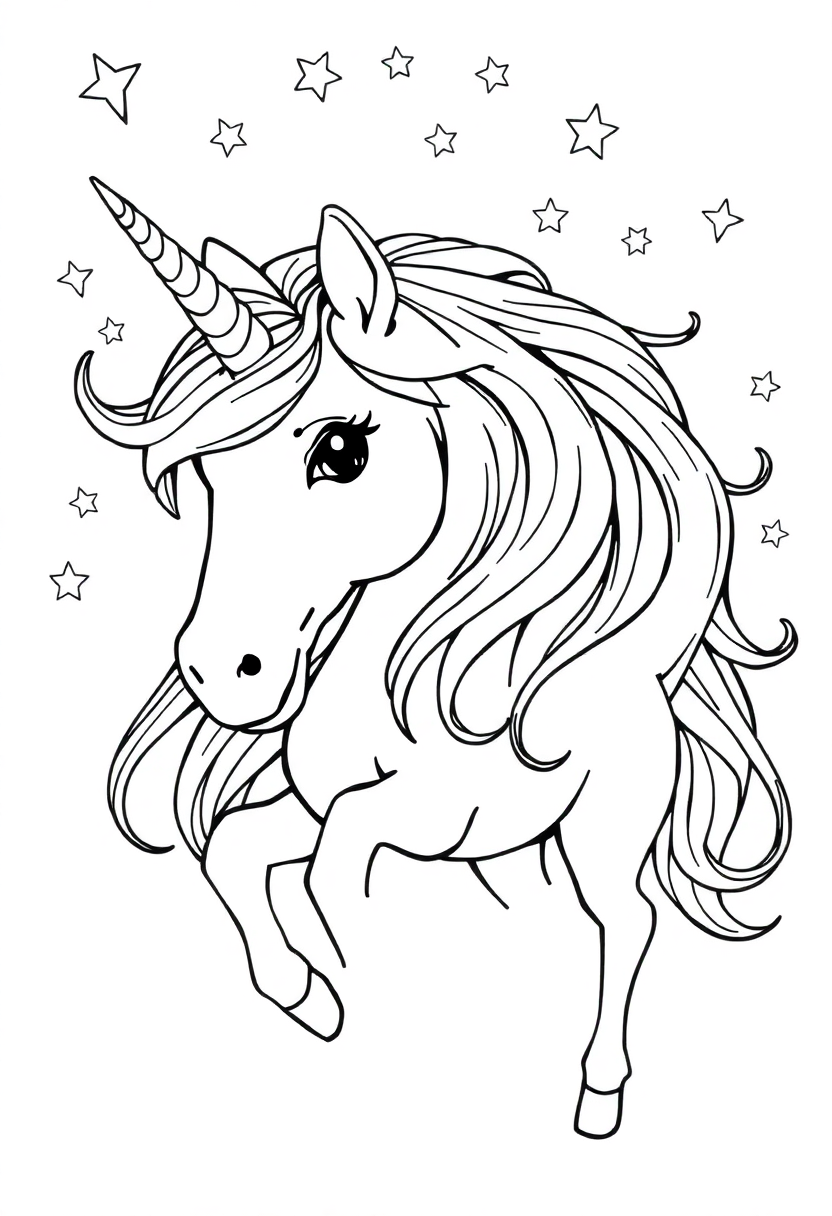Unicorn with Flowing Mane and Stars coloring page, free printable