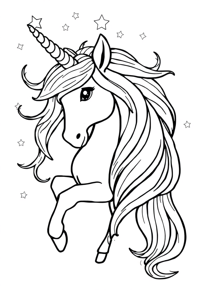 Unicorn With Flowing Mane And Stars coloring pages