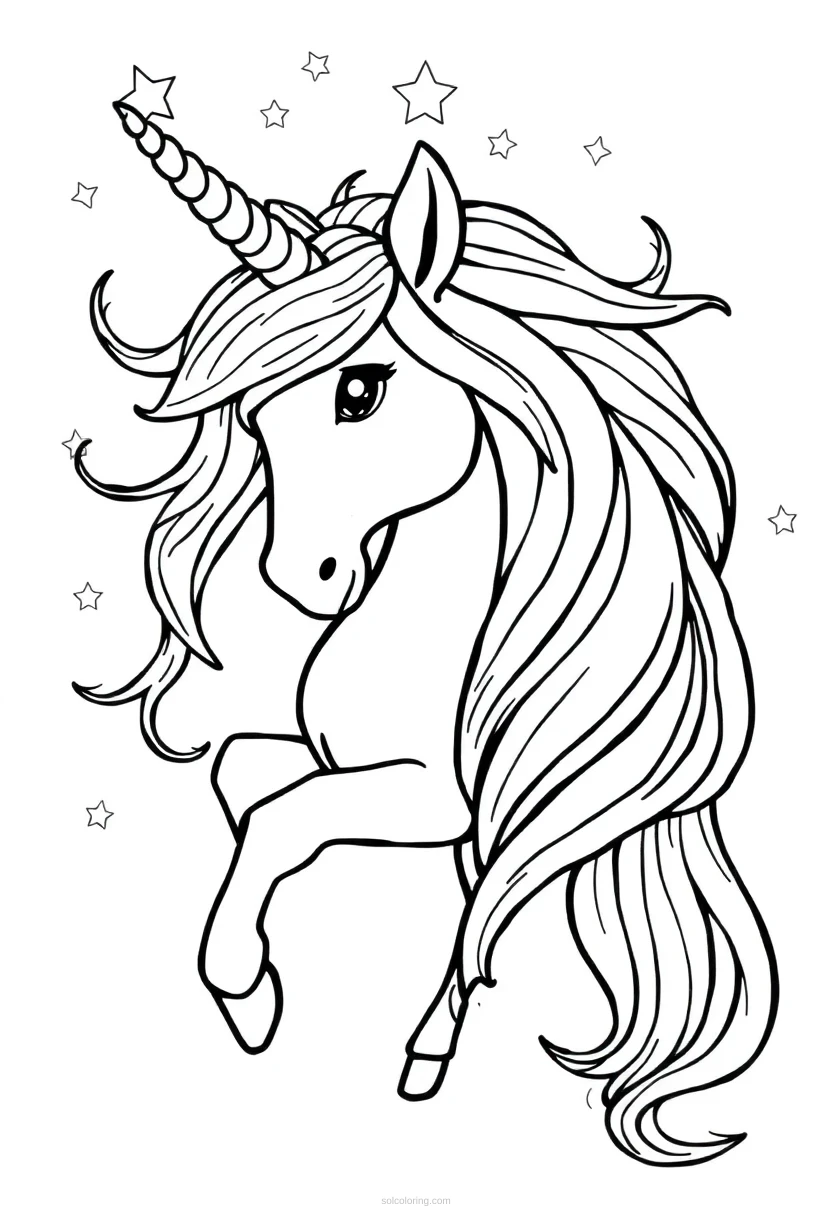 Unicorn With Flowing Mane And Stars coloring pages