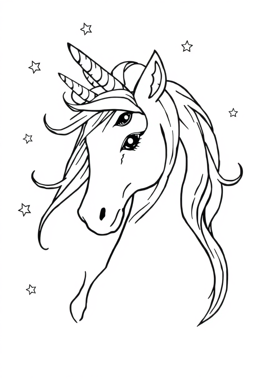 Unicorn with Flowing Mane and Stars coloring page, free printable
