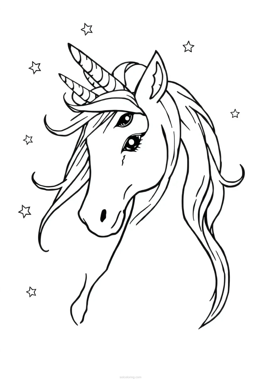 Unicorn with Flowing Mane and Stars coloring page for kids