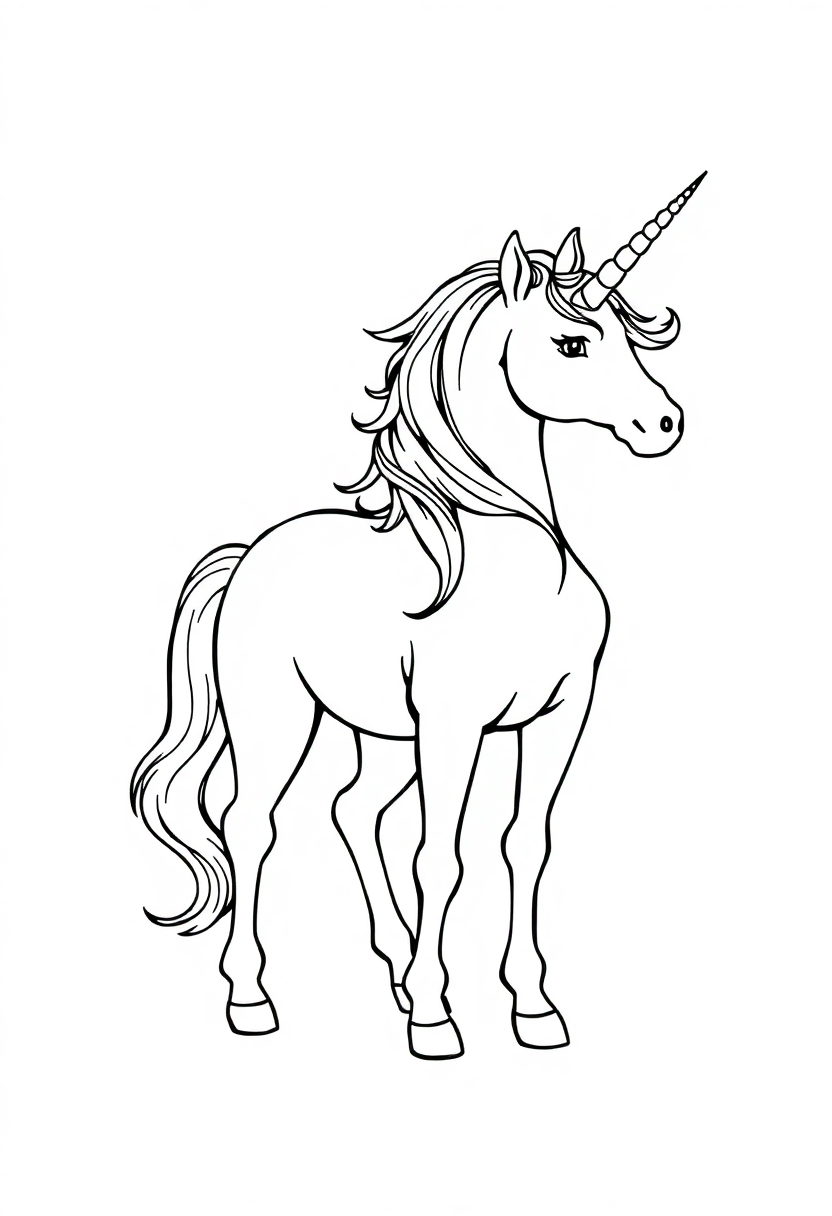 Simple unicorn coloring page with bold outlines featuring magical creature with flowing mane, horn, stars and clouds
