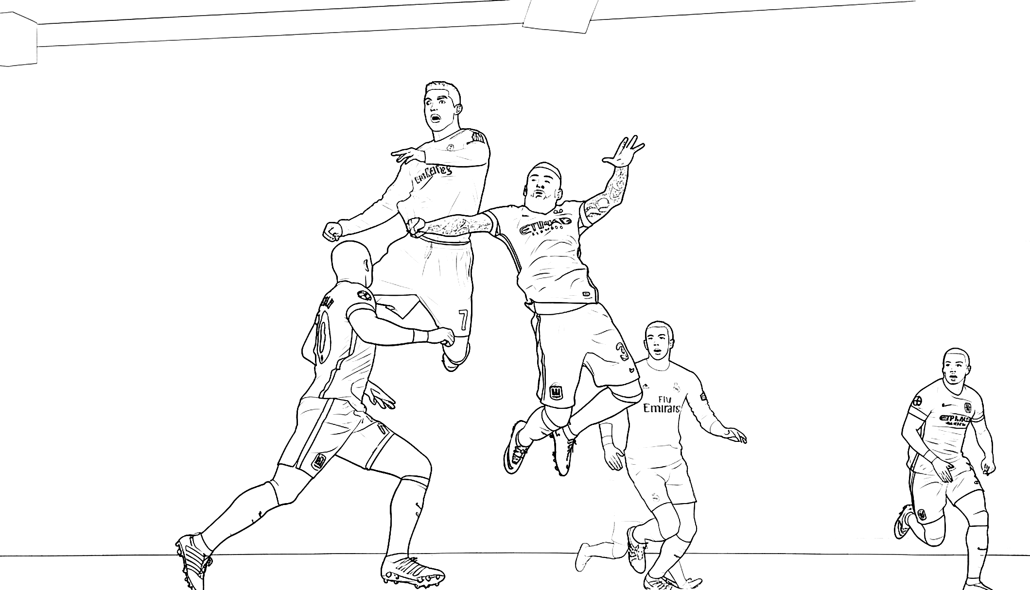 real madrid forward ronaldo out jumping all defenders coloring page, free printable