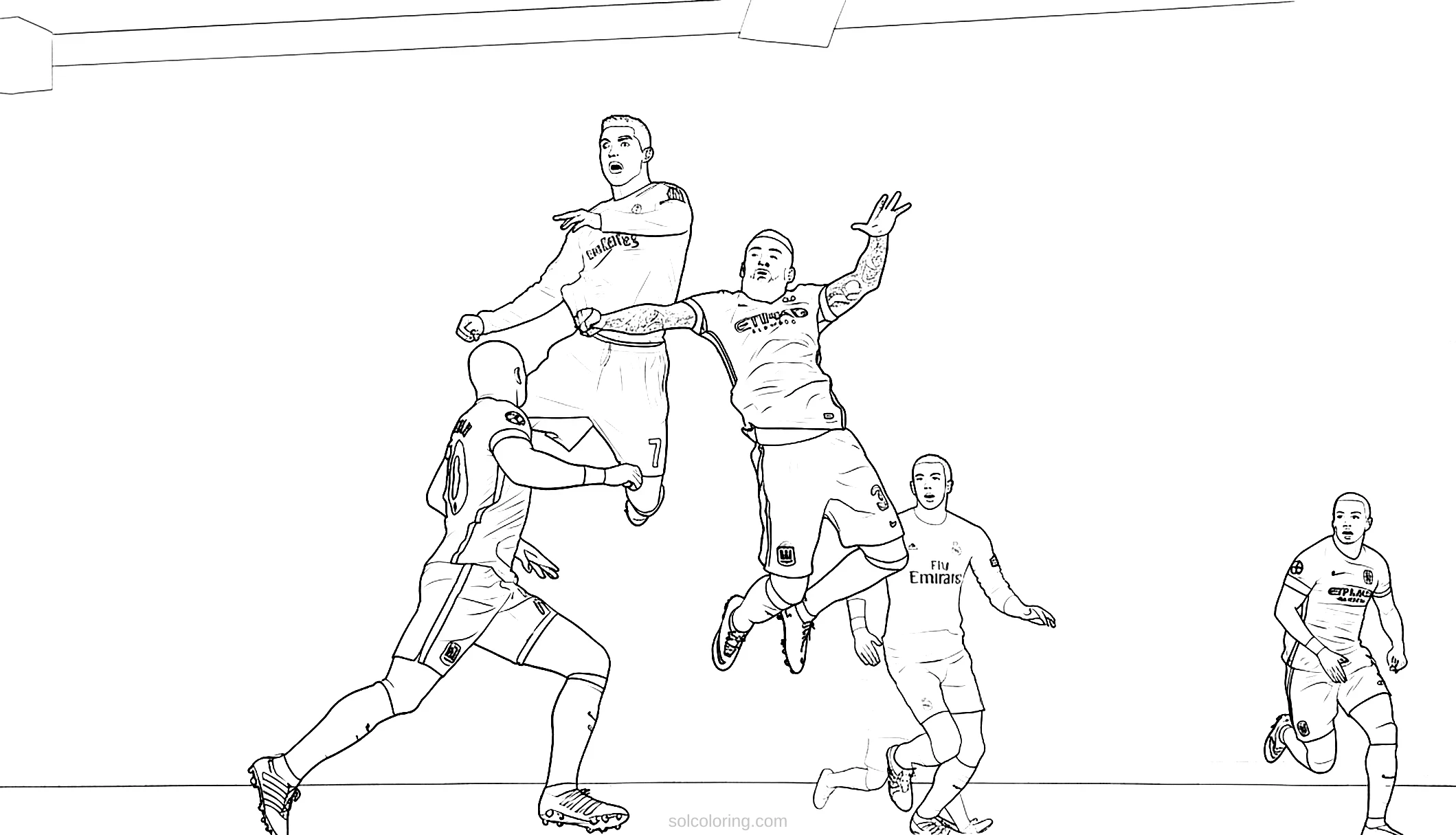 Soccer Players Jumping For Ball coloring pages