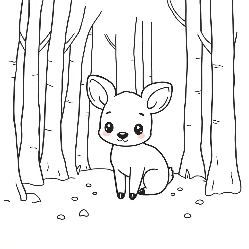 Dear in the woods coloring page, free printable cute cartoon style