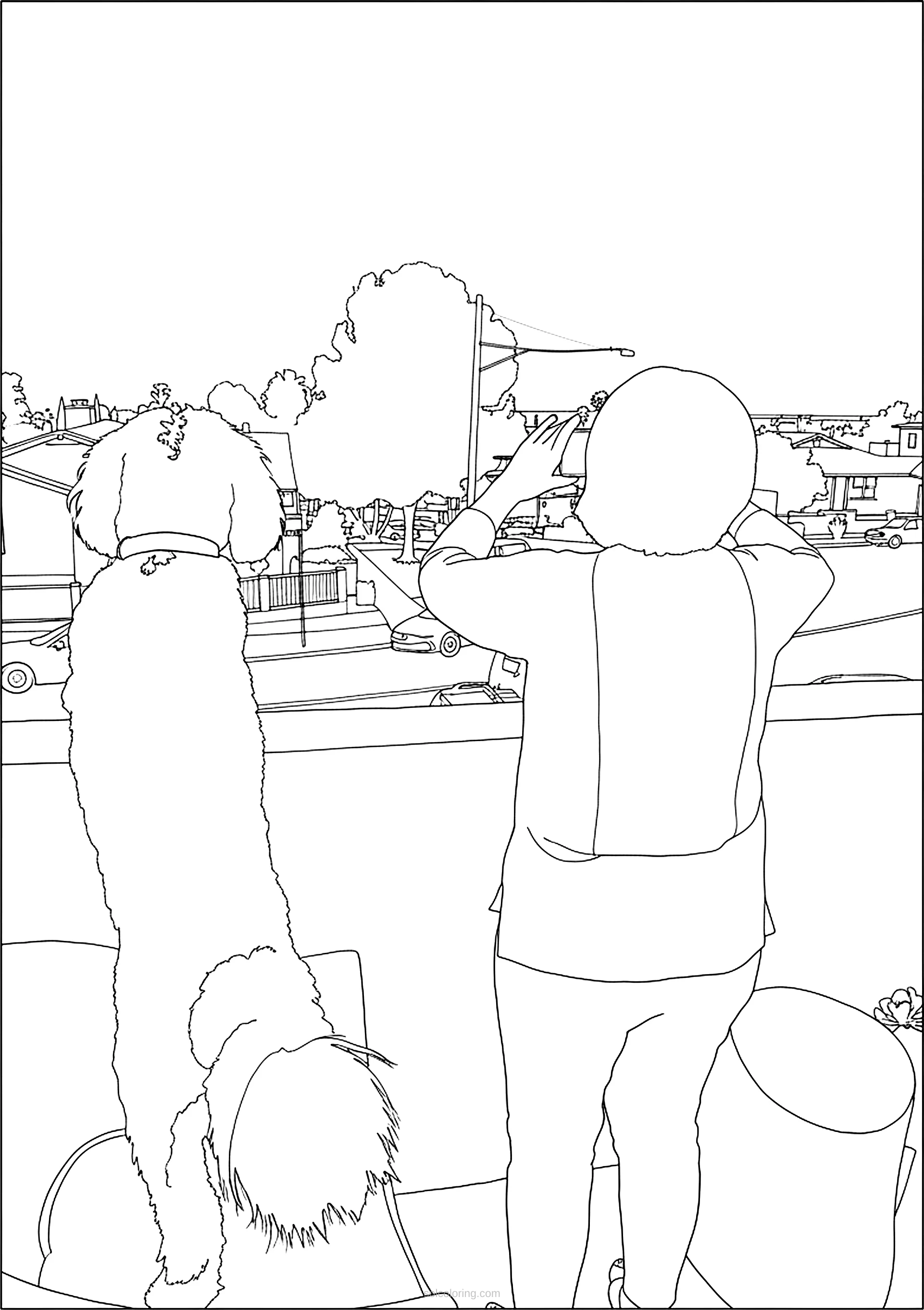 Woman and Dogs Watching Outdoors coloring page for kids